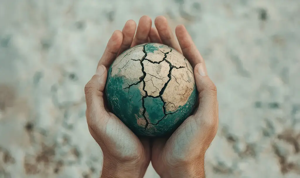 Imagem de mãos segurando um globo ressecado e partido